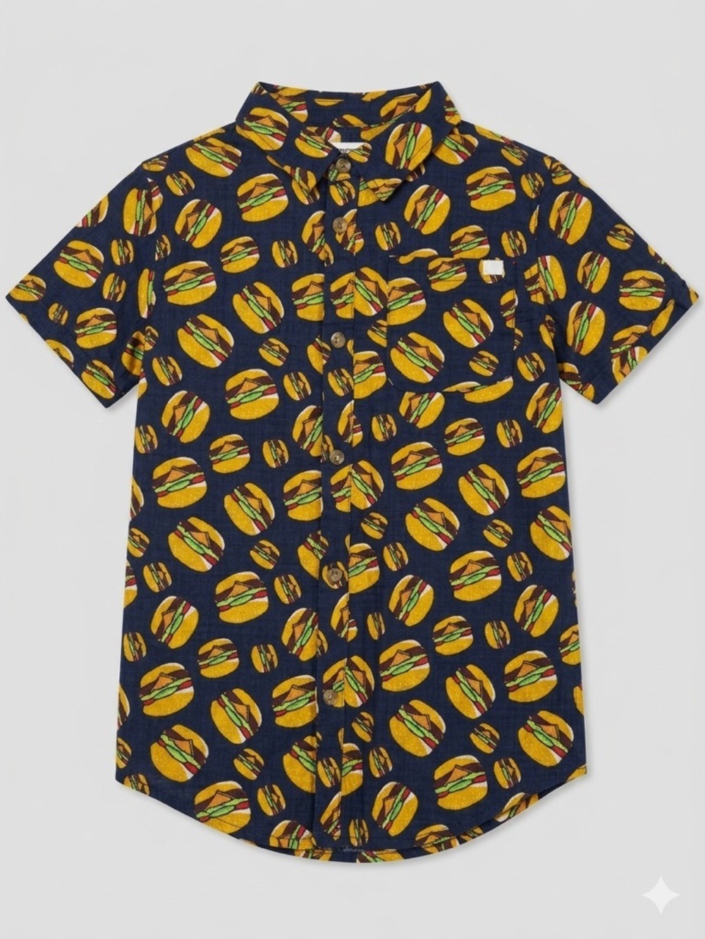 Appaman Navy Button-Down Shirt with Yellow Burger Print